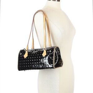 Black Patent Leather Arcadia Black Embossed Handbag Tan Trim Made in Italy